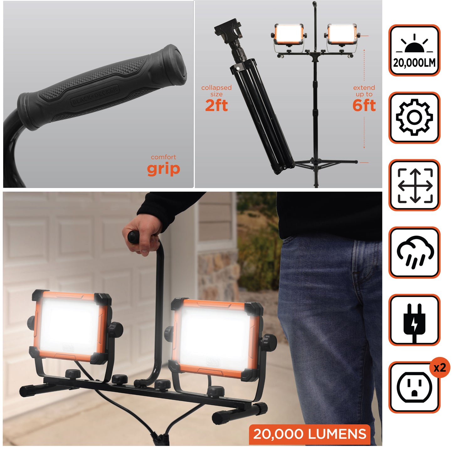 BLACK+DECKER® 20,000 Lumens Double Work Light with Tripod Stand with AC Outlets