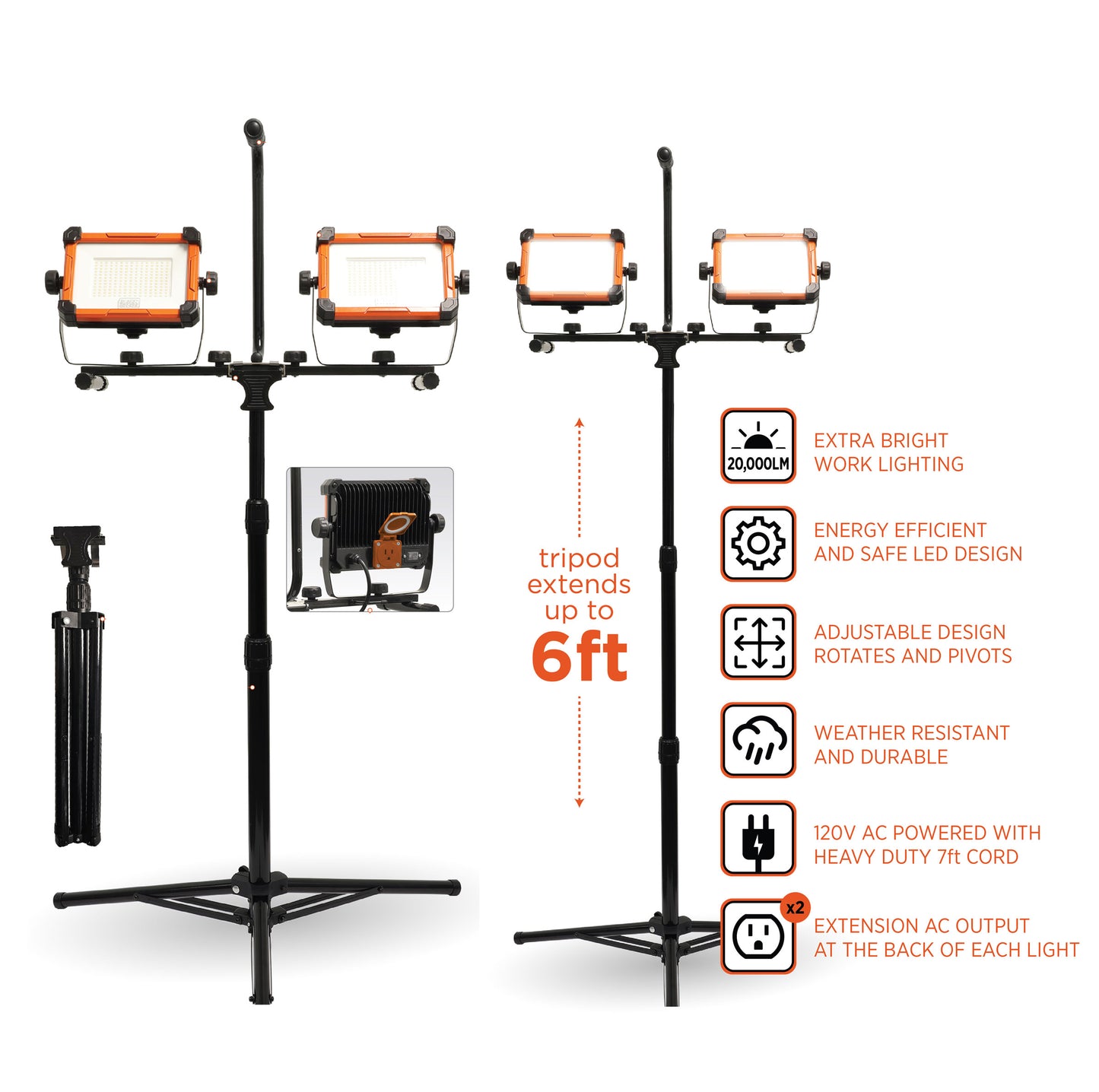 BLACK+DECKER® 20,000 Lumens Double Work Light with Tripod Stand with AC Outlets