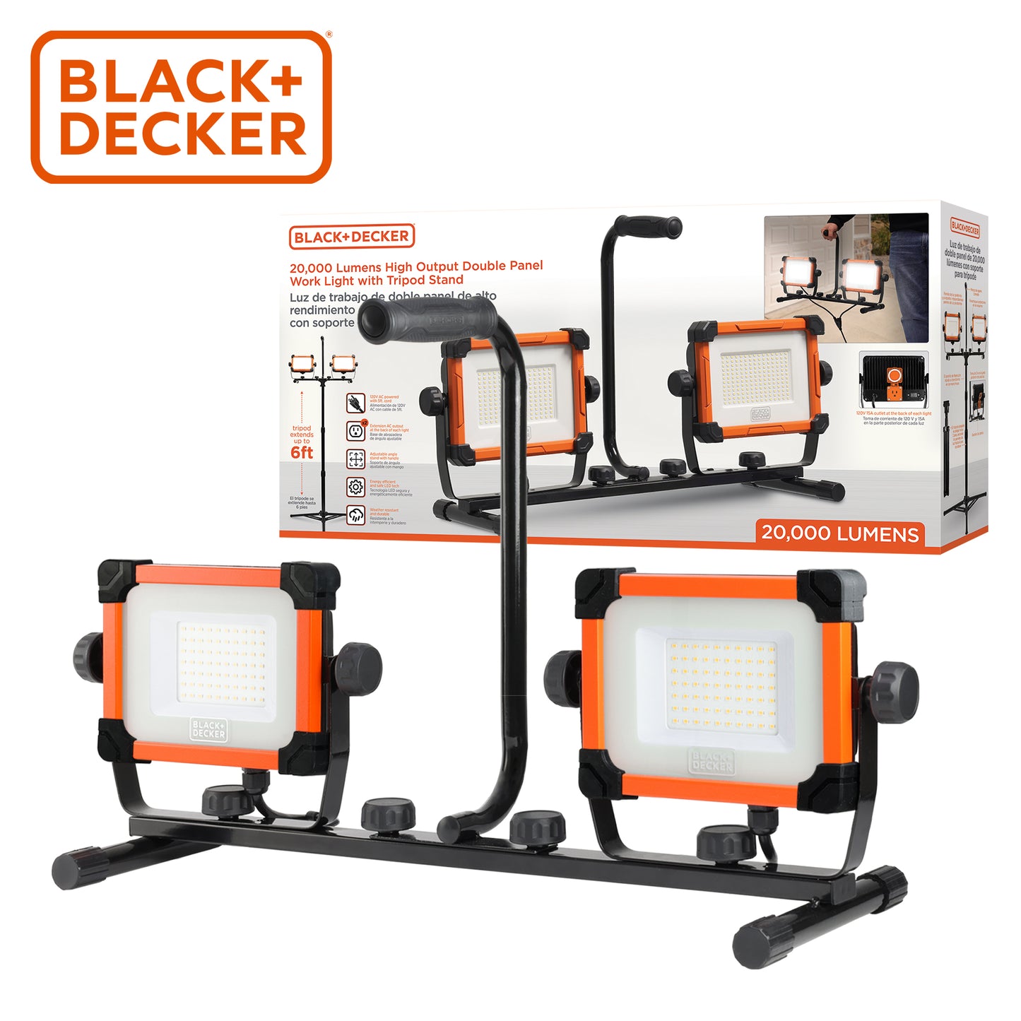 BLACK+DECKER® 20,000 Lumens Double Work Light with Tripod Stand with AC Outlets