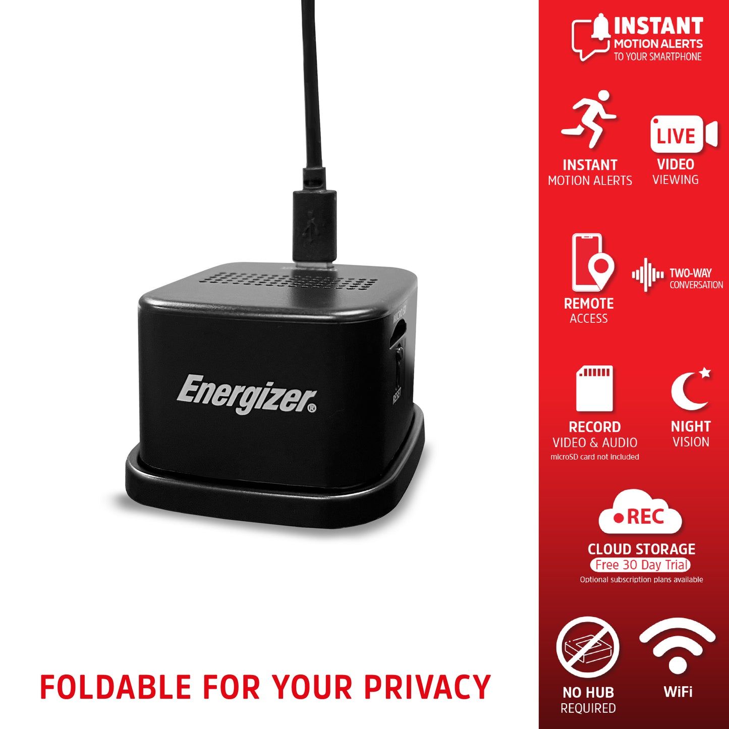 Energizer® Smart WiFi 1080p Foldable Privacy Indoor Camera